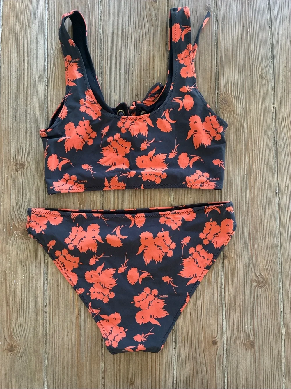 Ganni Floral Recycled Matte Bikini Set in Phantom 36